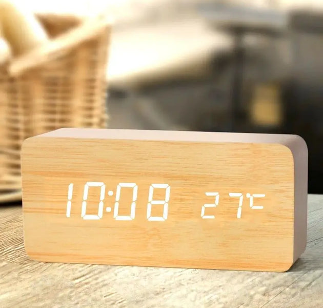 Wooden Digital Alarm Clock, LED Alarm Clock with Temperature Desk Clocks for Office,Bedside Clock