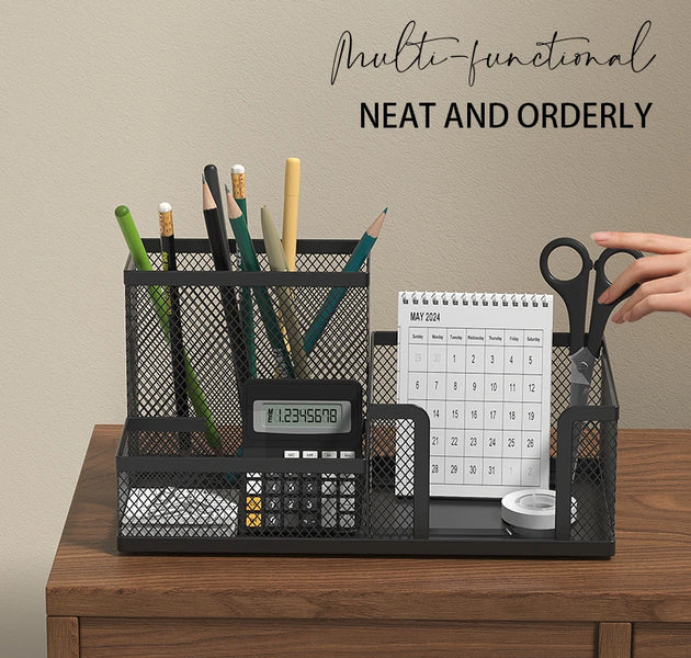 Mesh Desk Organizer Office Supplies Caddy with Pencil Holder and Storage Baskets for Desktop Accessories, 3 Compartments, Black