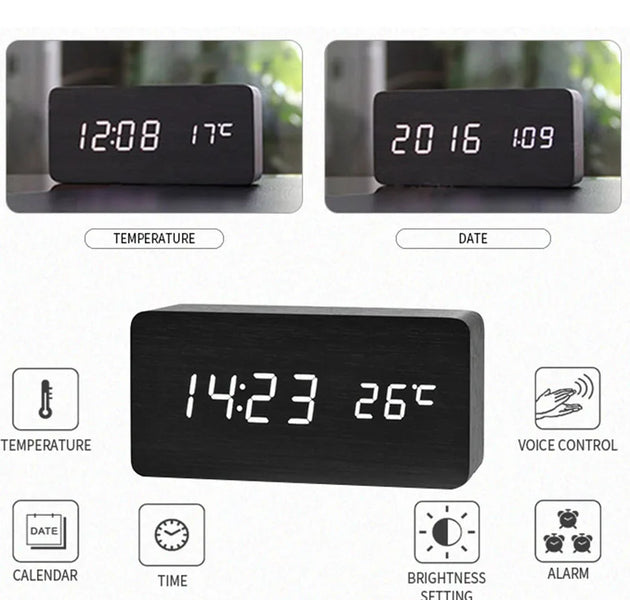 Wooden Digital Alarm Clock, LED Alarm Clock with Temperature Desk Clocks for Office,Bedside Clock